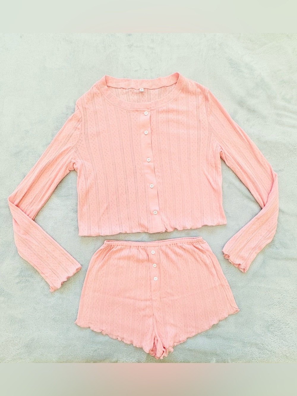 Women's Pink Ribbed Button-Front Sleep Set